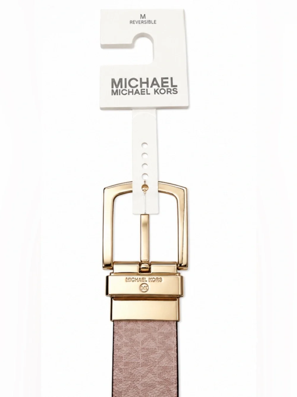 NWT Michael Kors Reversible Pink Logo Belt Women’s M Gold Buckle